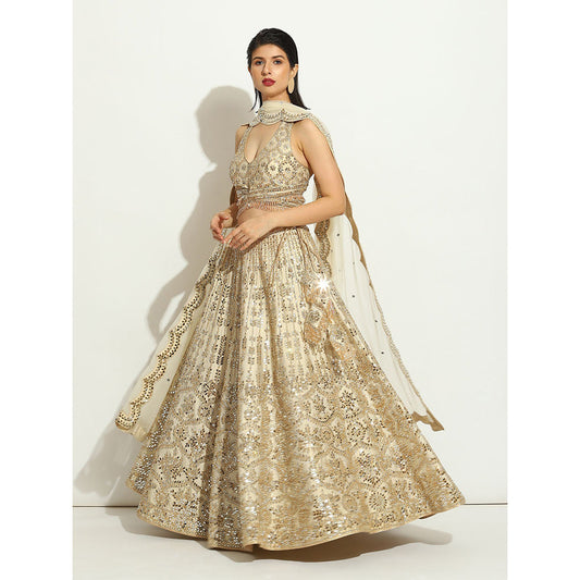 VANDANA SETHI Mirror Work Lehenga with a Halter Blouse and a Scalloped Dupatta (Set of 3)