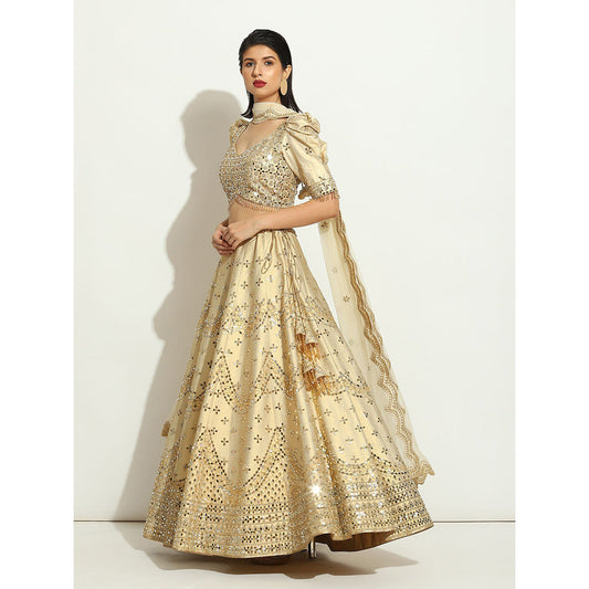 VANDANA SETHI Mirror Work Lehenga on an Ivory Shimmer Raw Silk (Set of 3)