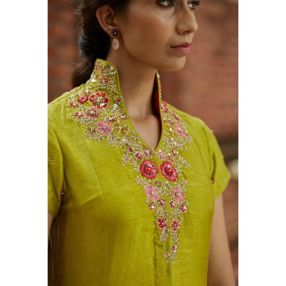 Vashisht Guru Dutt Olive Embroidered Anarkali and Palazzo and Dupatta (Set of 3)