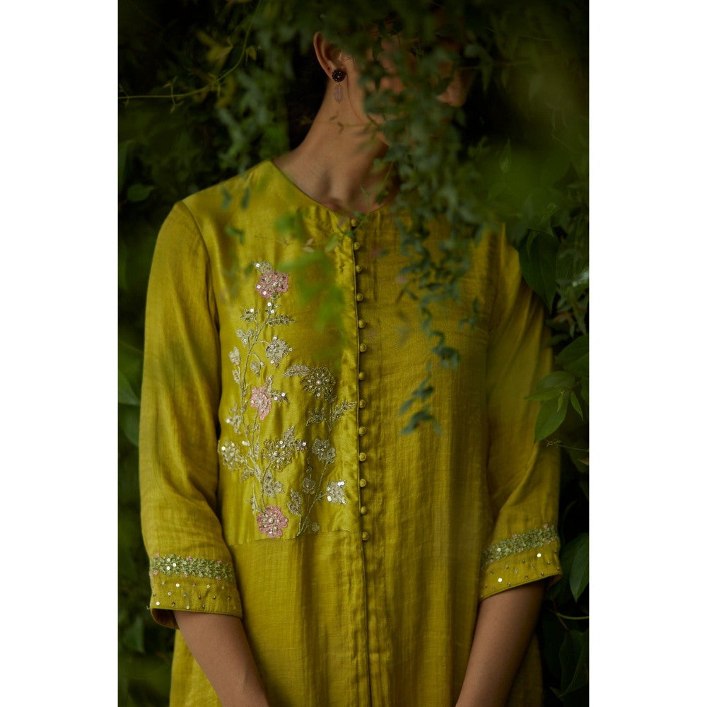 Vashisht Guru Dutt Olive Chanderi Embroidered Kurta with Dhoti (Set of 2)