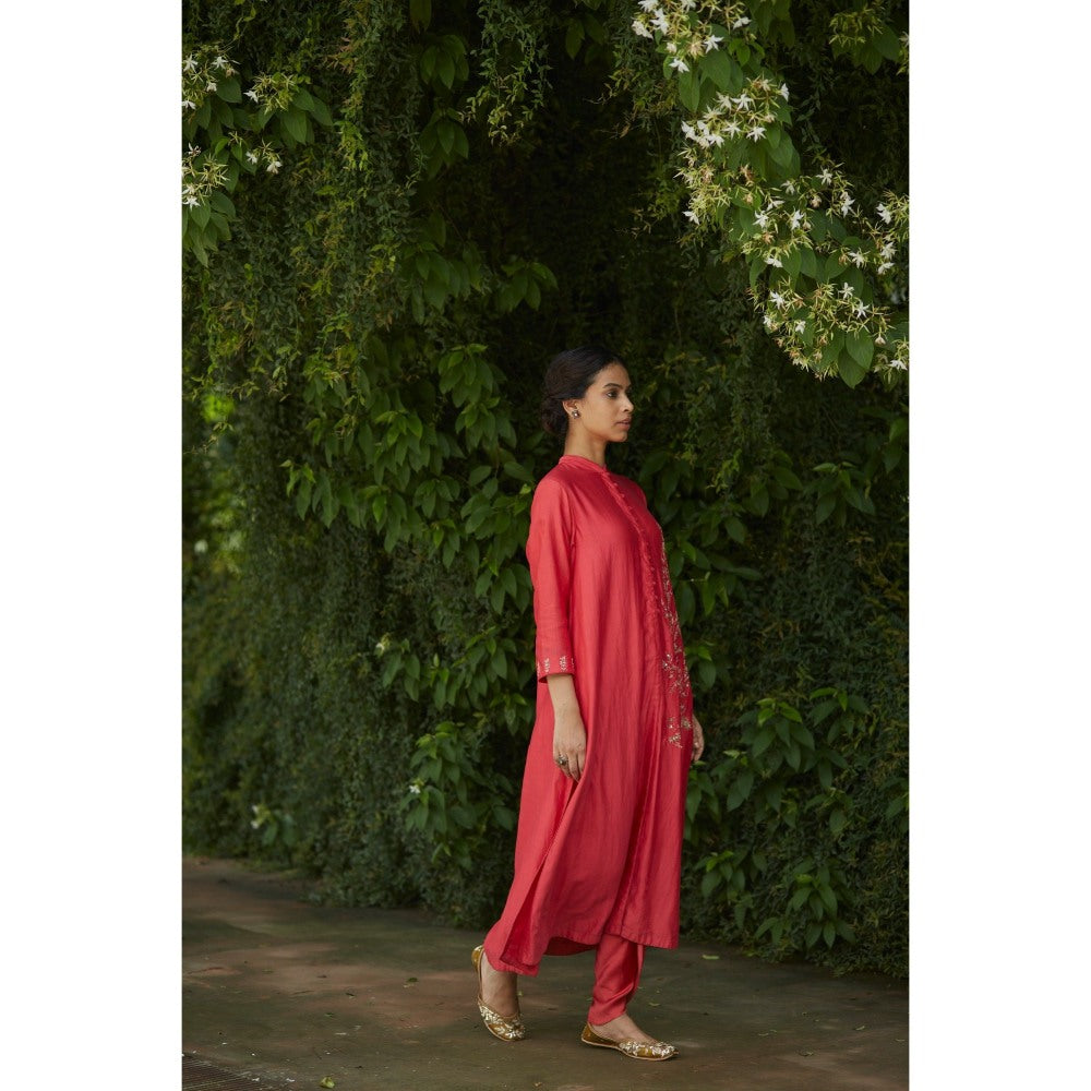 Vashisht Guru Dutt Coral Chanderi Embroidered Kurta with Dhoti (Set of 2)