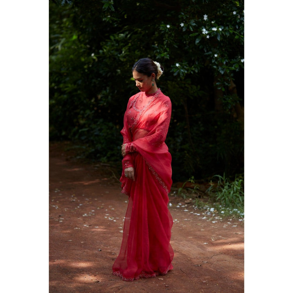 Vashisht Guru Dutt Pink Organza Scalloped Embroidered Saree with Stitched Blouse