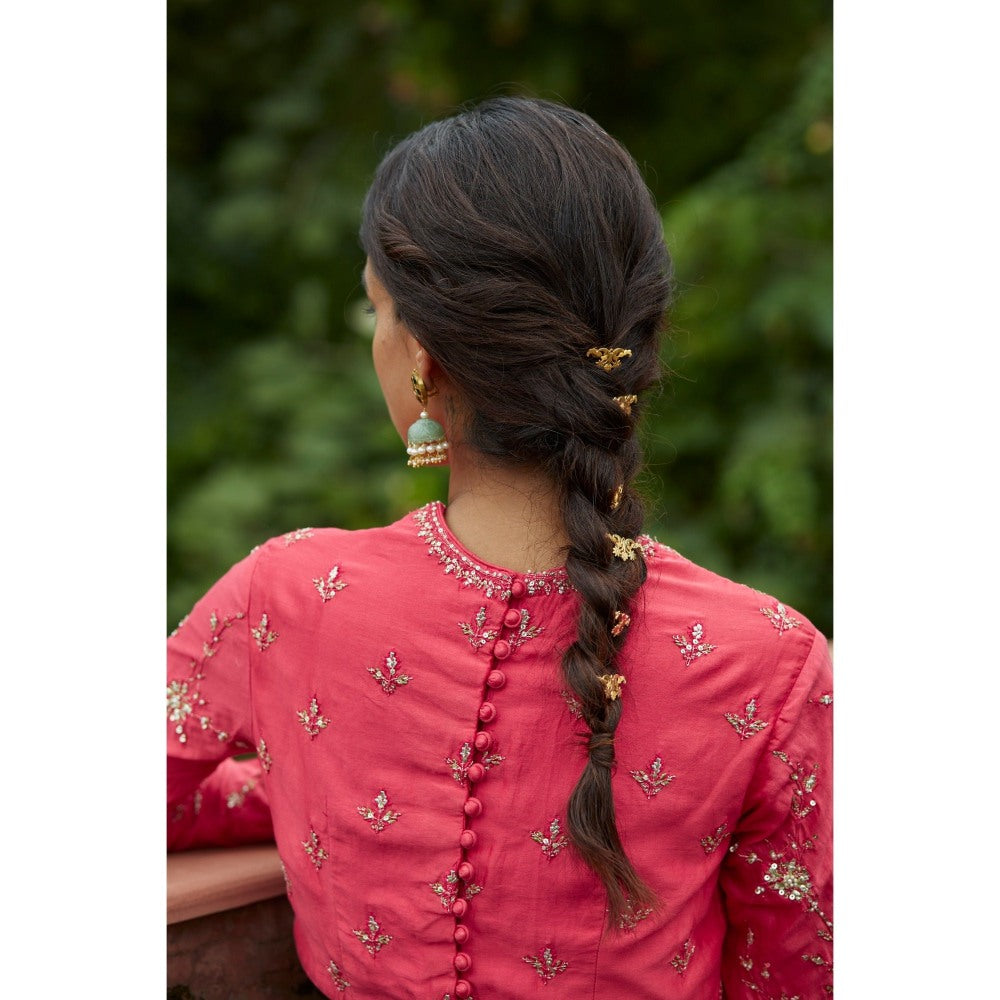 Vashisht Guru Dutt Coral Embroidered Blouse with Lehenga and Dupatta (Set of 3)