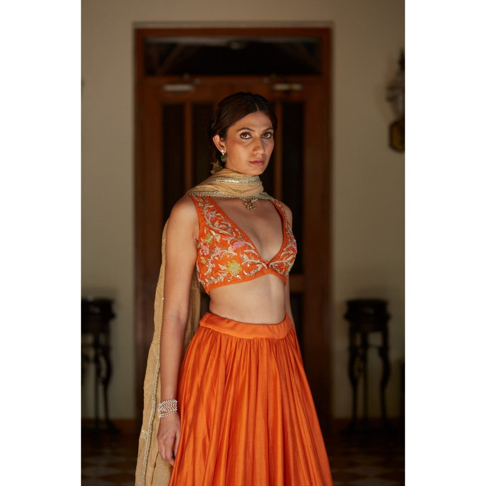 Vashisht Guru Dutt Orange Embroidered Blouse with Chanderi Lehenga and Dupatta (Set of 3)