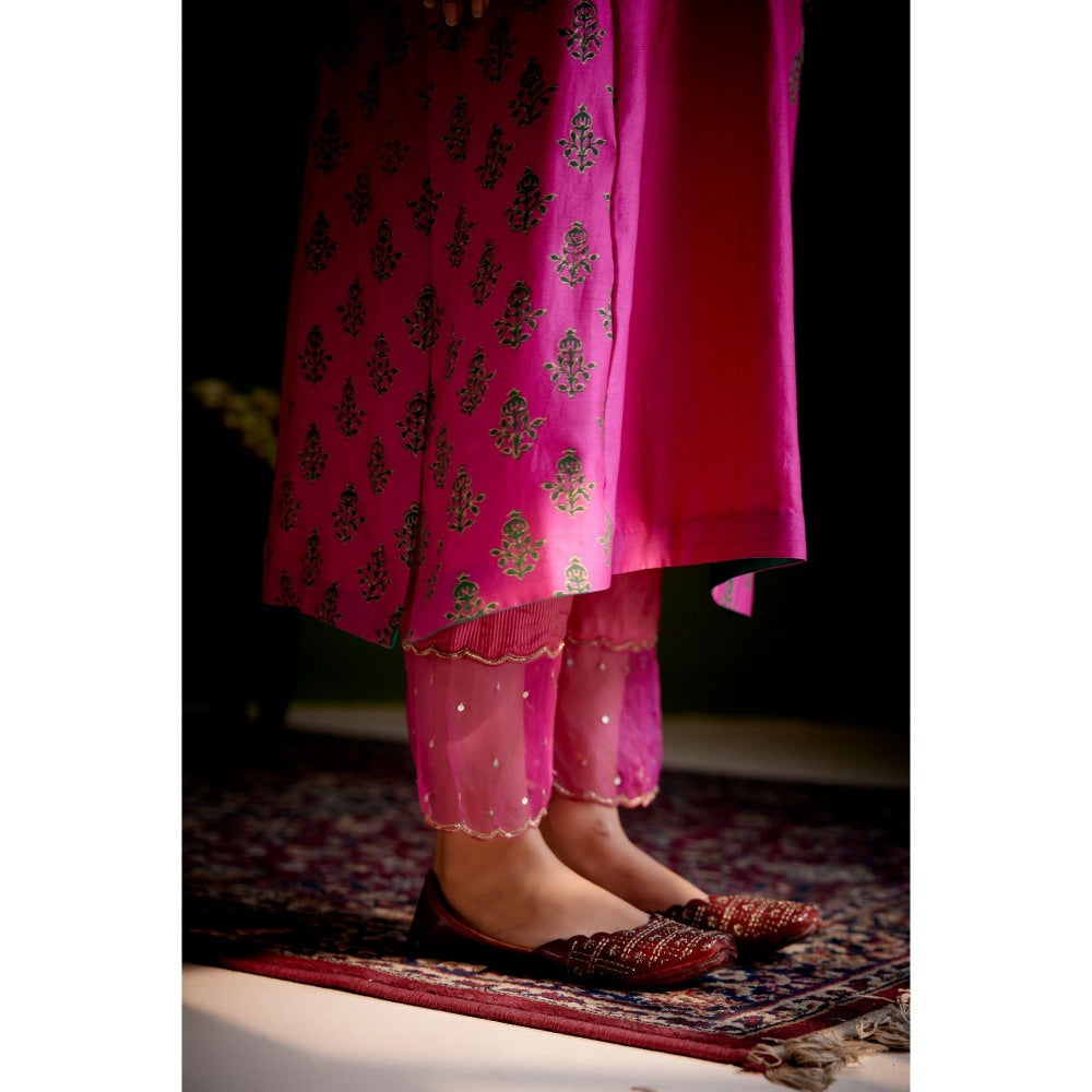 Vashisht Guru Dutt Pink Block Printed Embroidered Kurta with Pant and Dupatta (Set of 3)