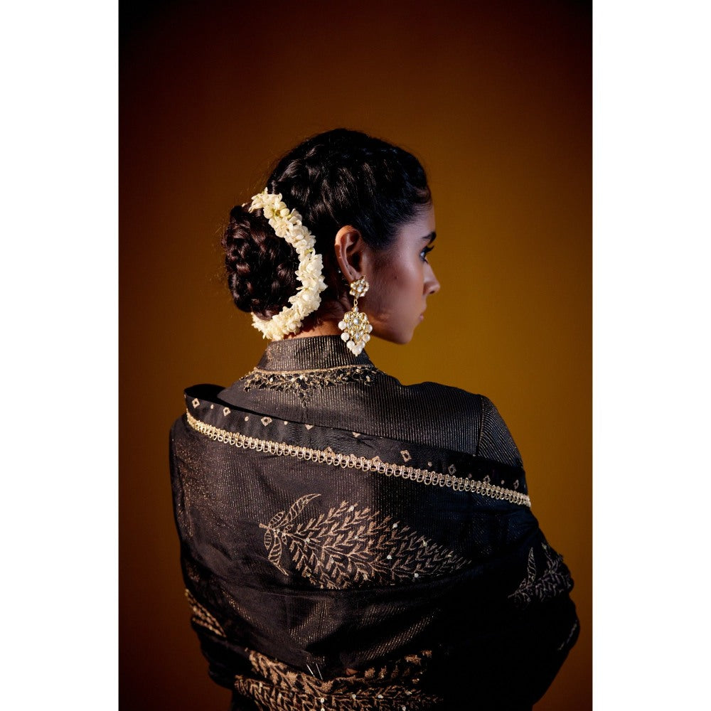 Vashisht Guru Dutt Black Organza Printed Embroidered Saree with Stitched Blouse