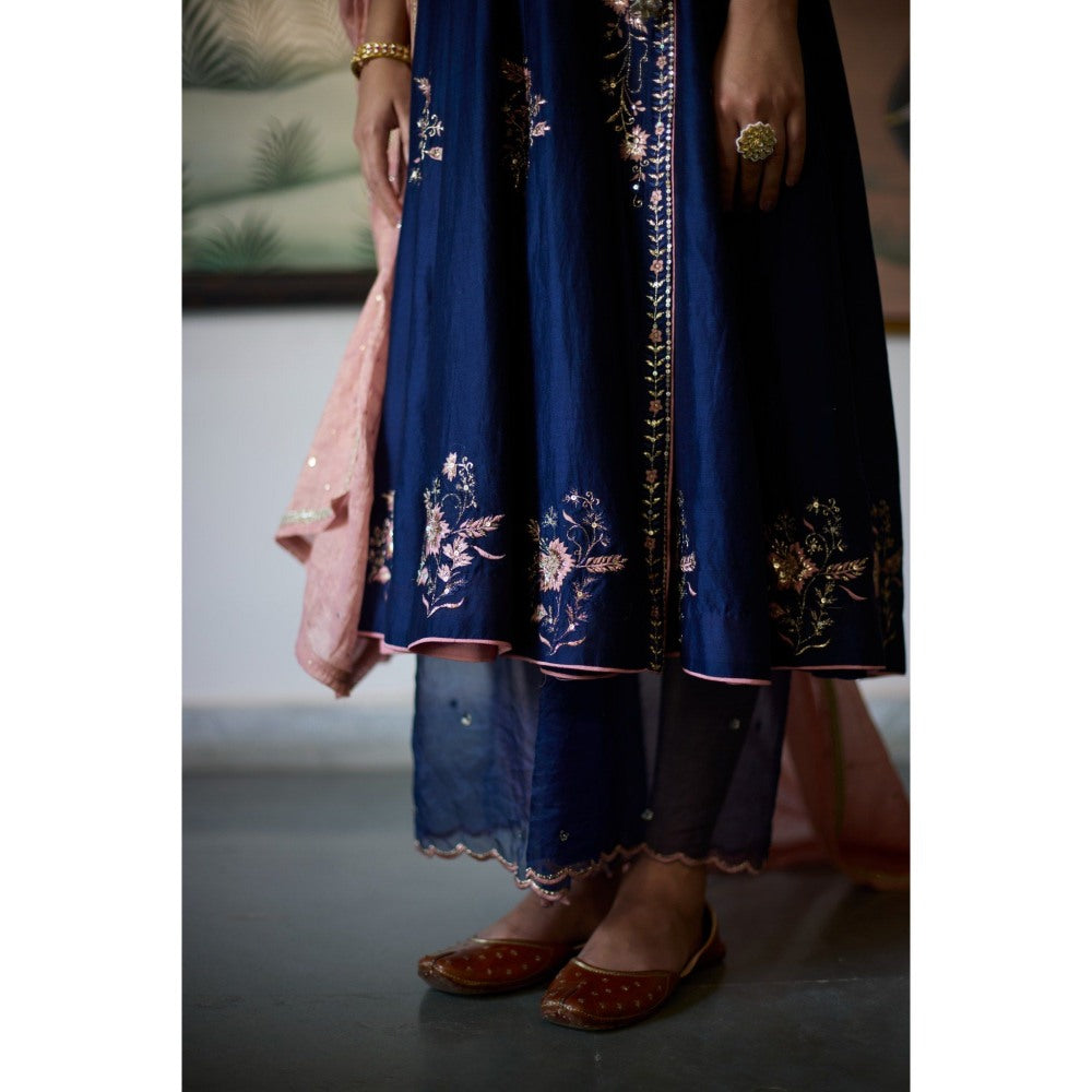 Vashisht Guru Dutt Navy Blue Nishi Angarkha with Palazzo and Dupatta (Set of 3)