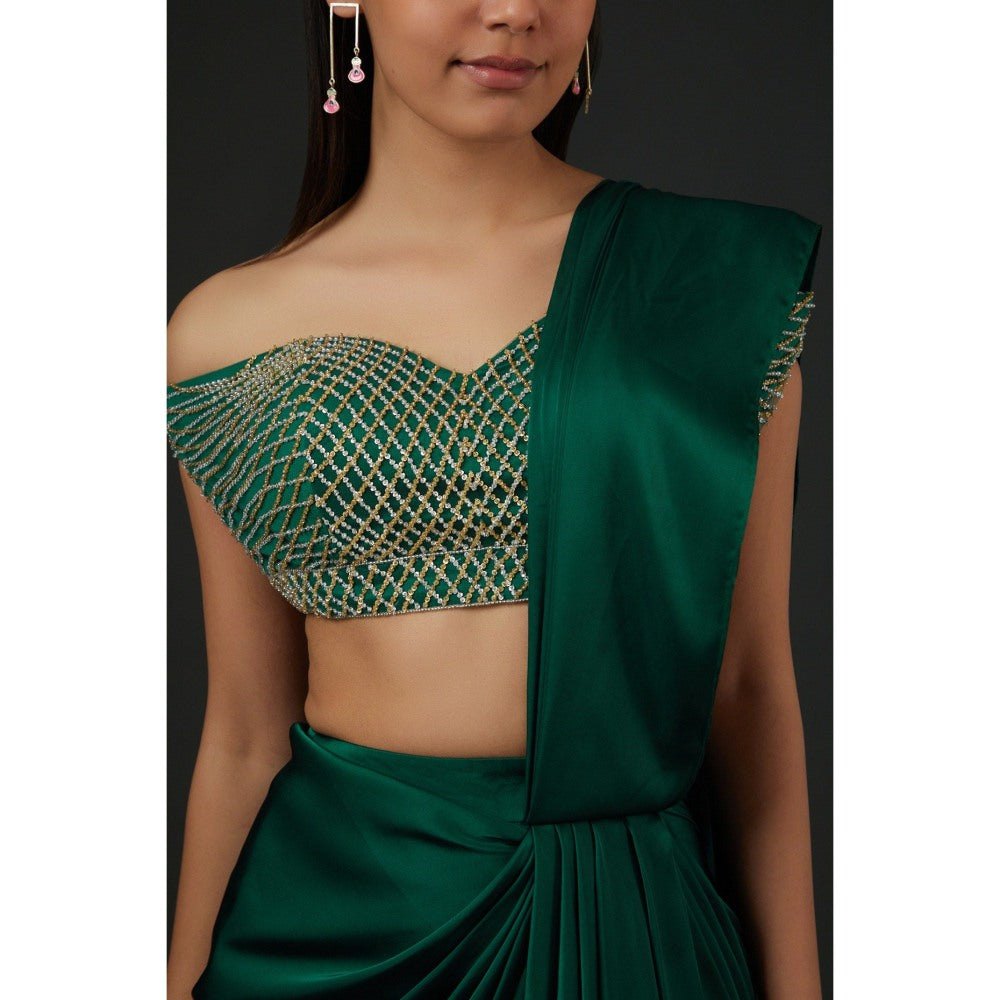 Vedika Soni Emerald Green Satin Draped Saree with Stitched Blouse And Petticoat