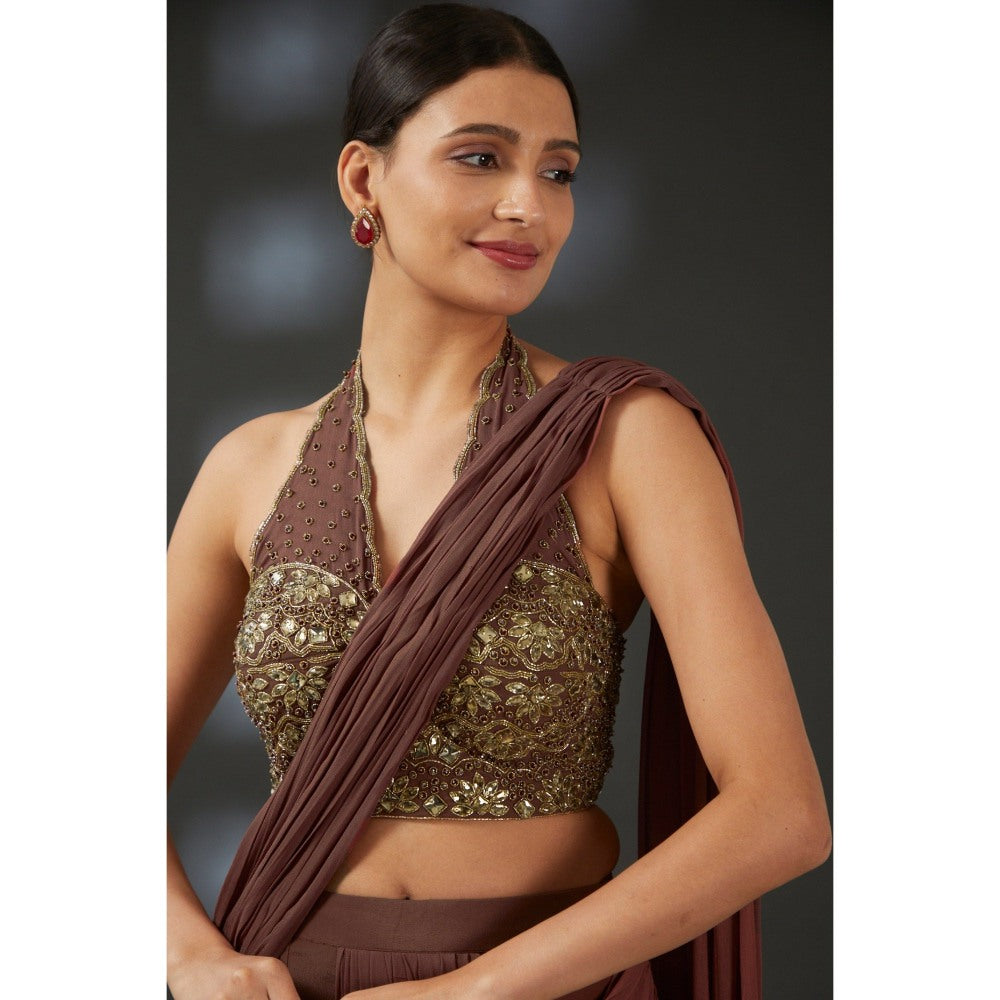 Vedika Soni Brown Georgette Pre-Stitched Saree with Stitched Blouse And Petticoat
