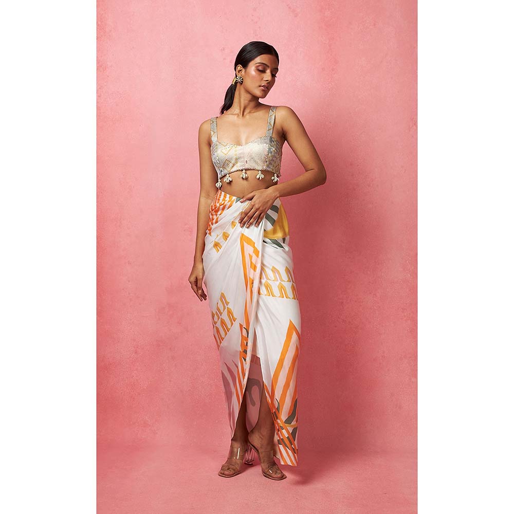 Vedika M Multi-Color Draped Skirt with Bustier and Jacket (Set of 3)