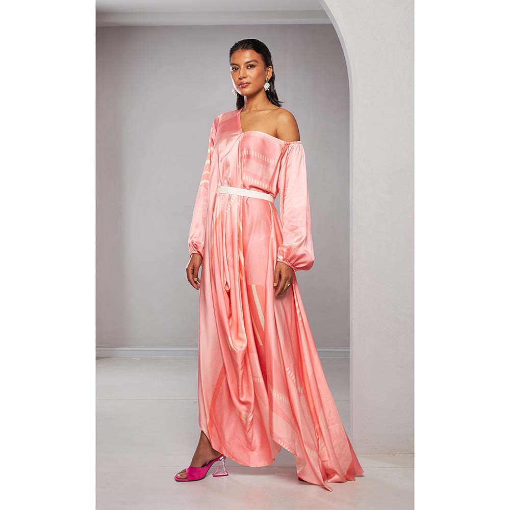 Vedika M Pink Printed Asymmetric Style Drape Dress with Belt (Set of 2)