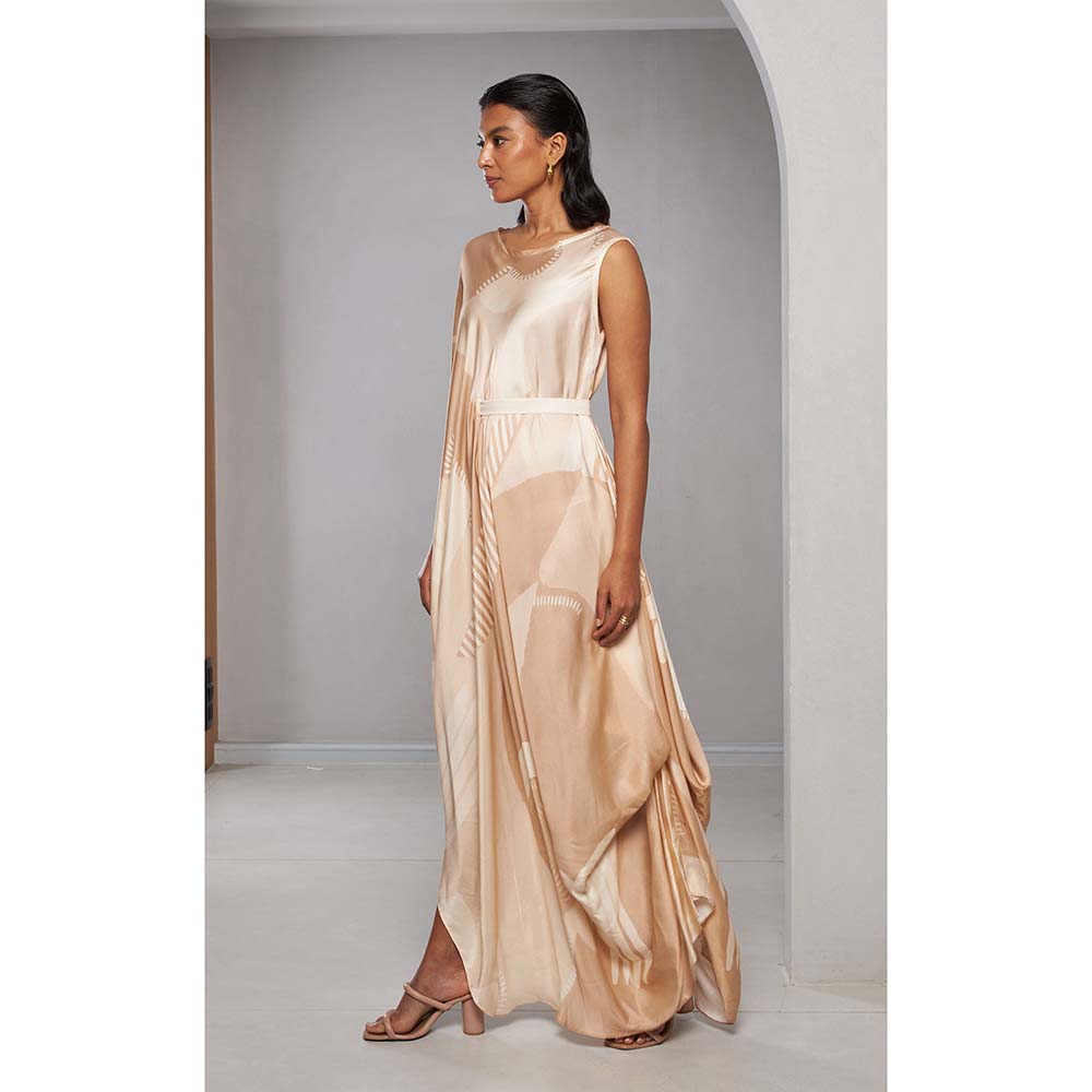 Vedika M Shades Of Beige Printed Dress with Belt (Set of 2)