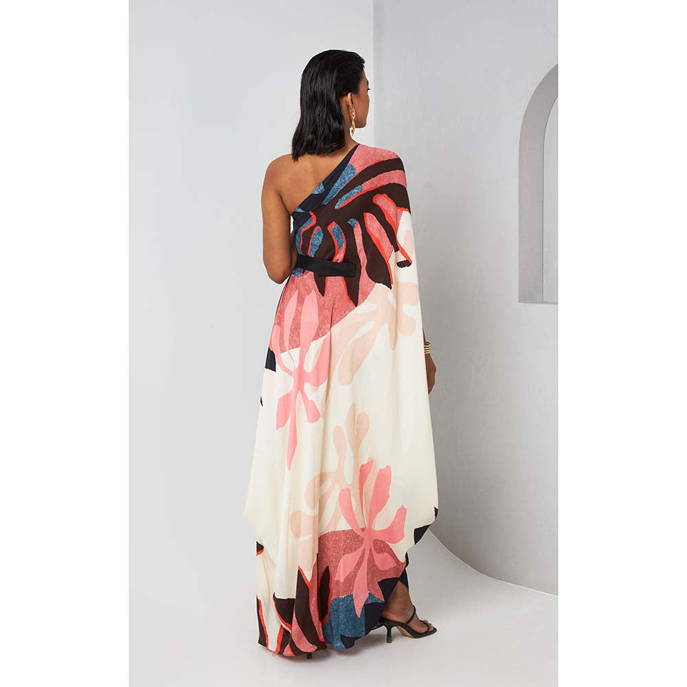 Vedika M Multi-Colour Printed One Shoulder Drape Dress with Belt (Set of 2)