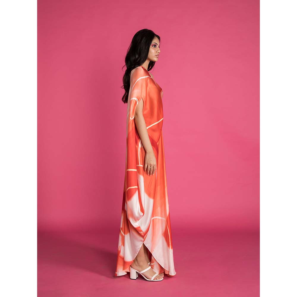 Vedika M Red Printed One Shoulder Drape Dress with Belt (Set of 2)