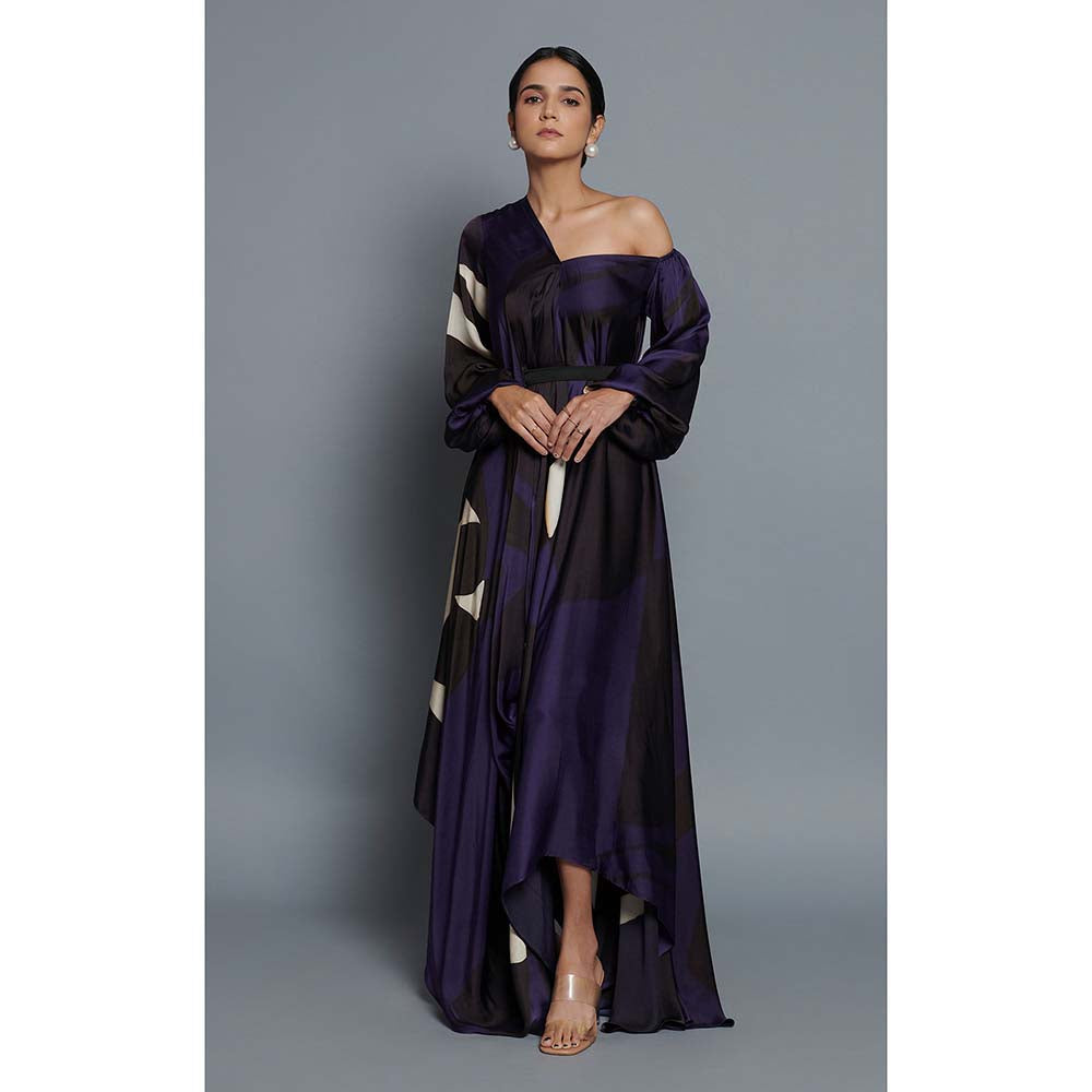 Vedika M Blue Printed Drape Dress with Belt (Set of 2)