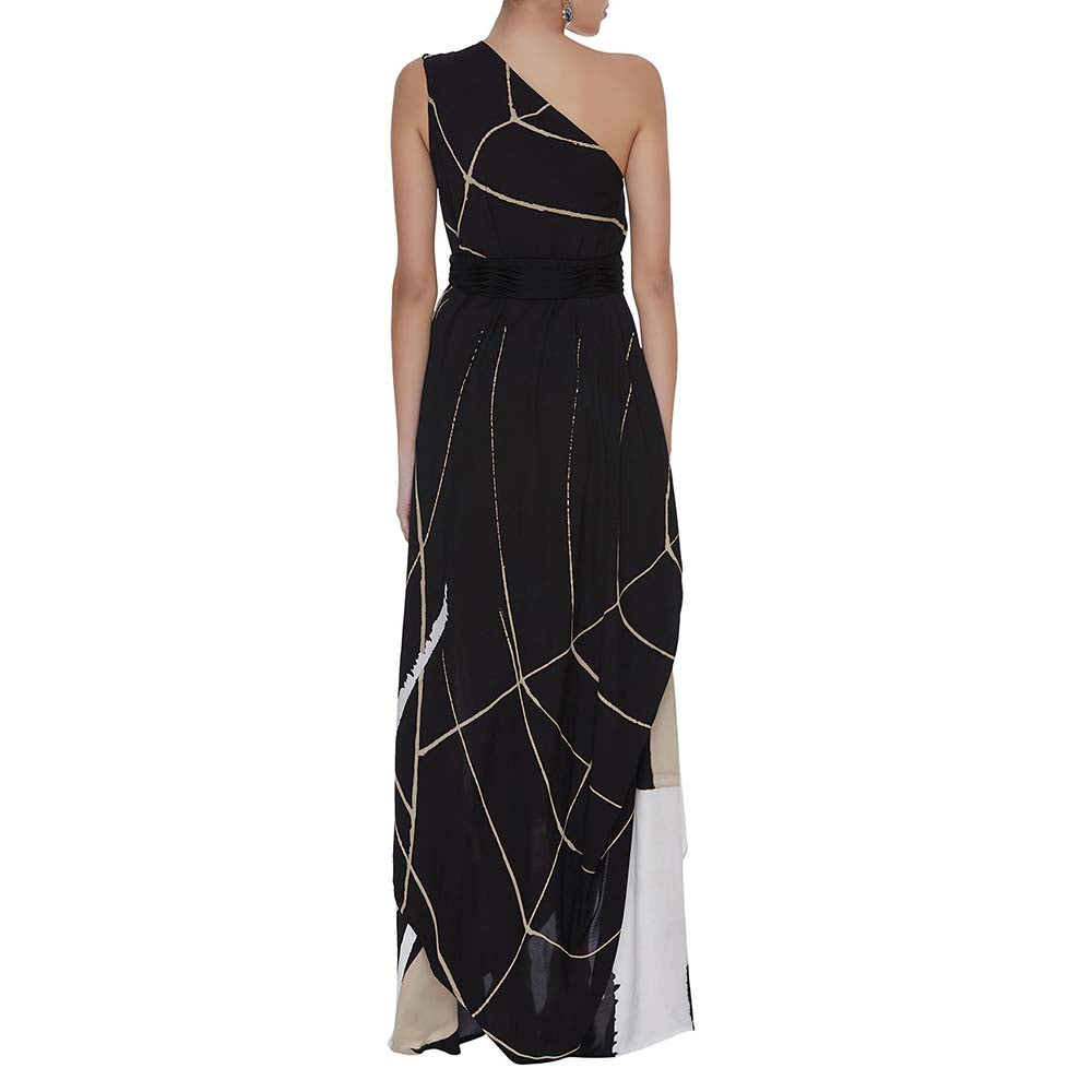 Vedika M Black Printed One Shoulder Drape Dress with Belt (Set of 2)