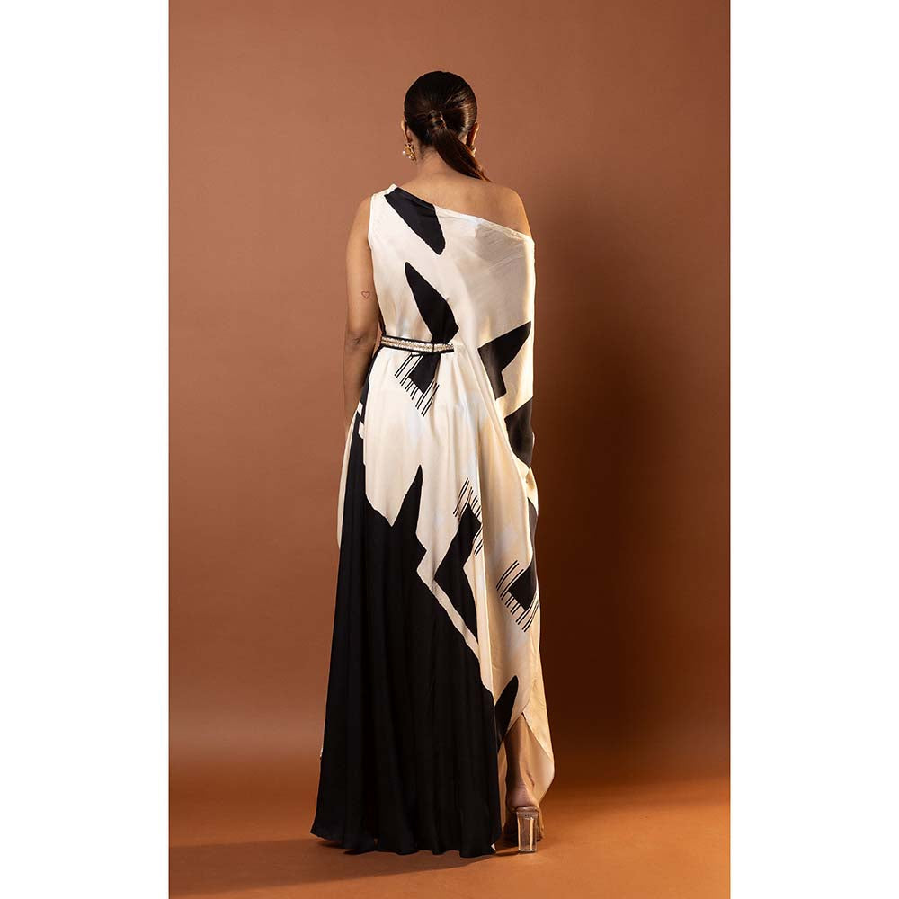 Vedika M White Printed Drop Shoulder Drape Dress with Attached Belt
