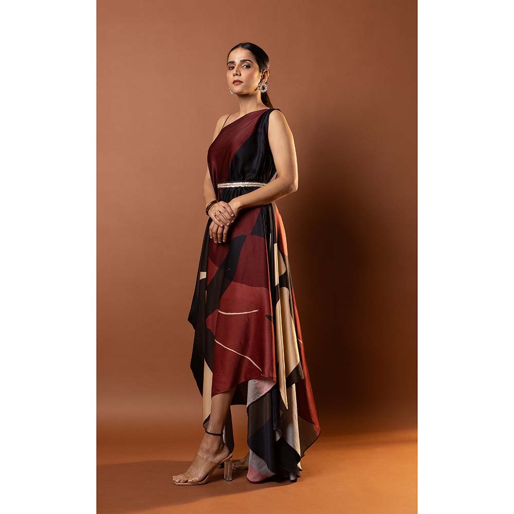 Vedika M Red Printed One Shoulder Strap Drape Dress with Attached Belt