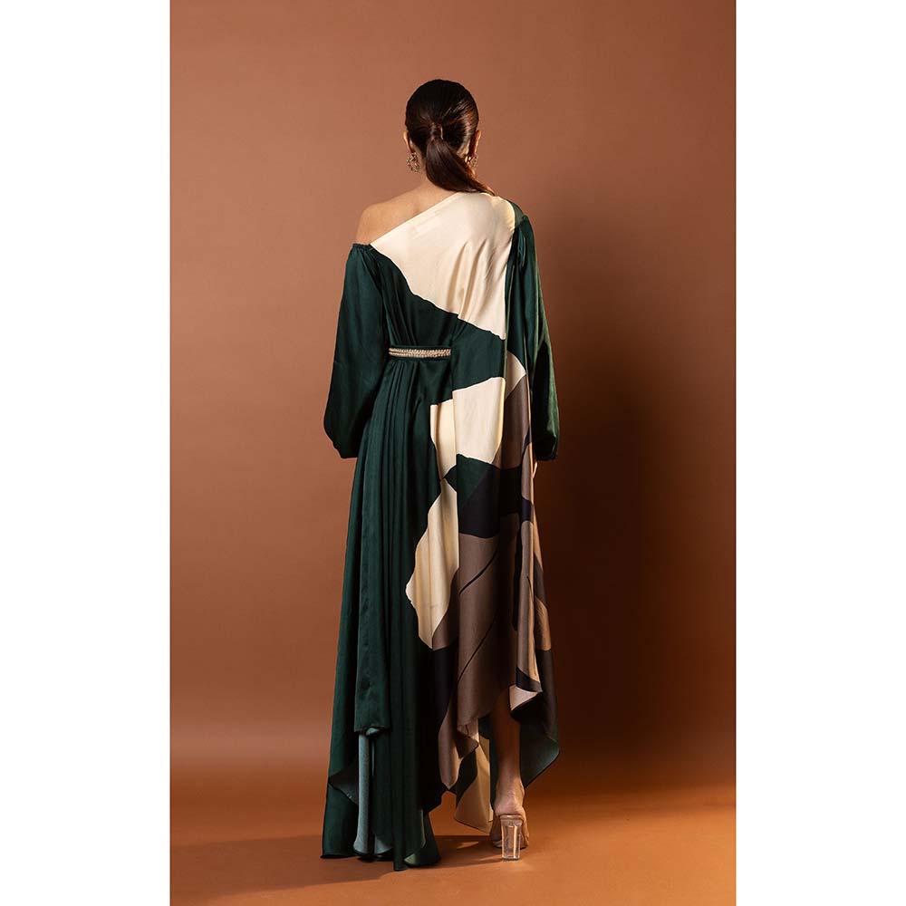 Vedika M Green Printed Drape Dress with Attached Belt