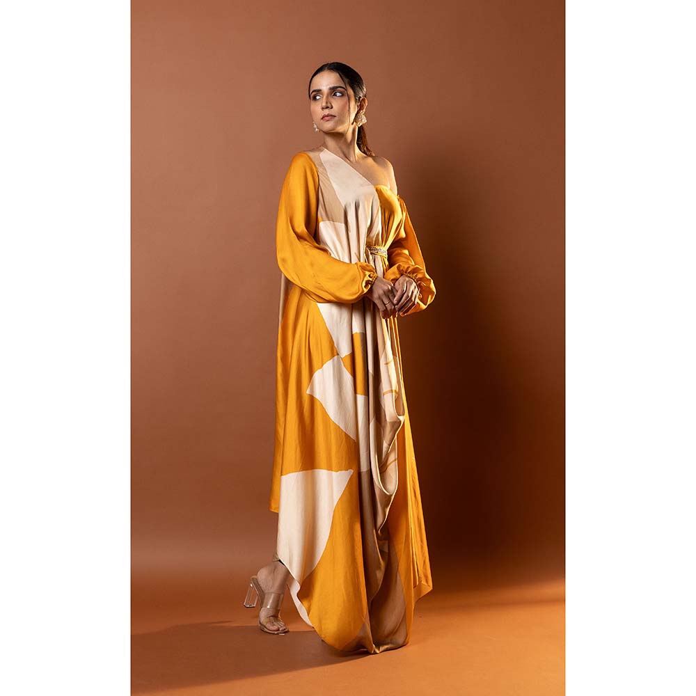 Vedika M Yellow Abstract Printed Drape Dress with Attached Belt