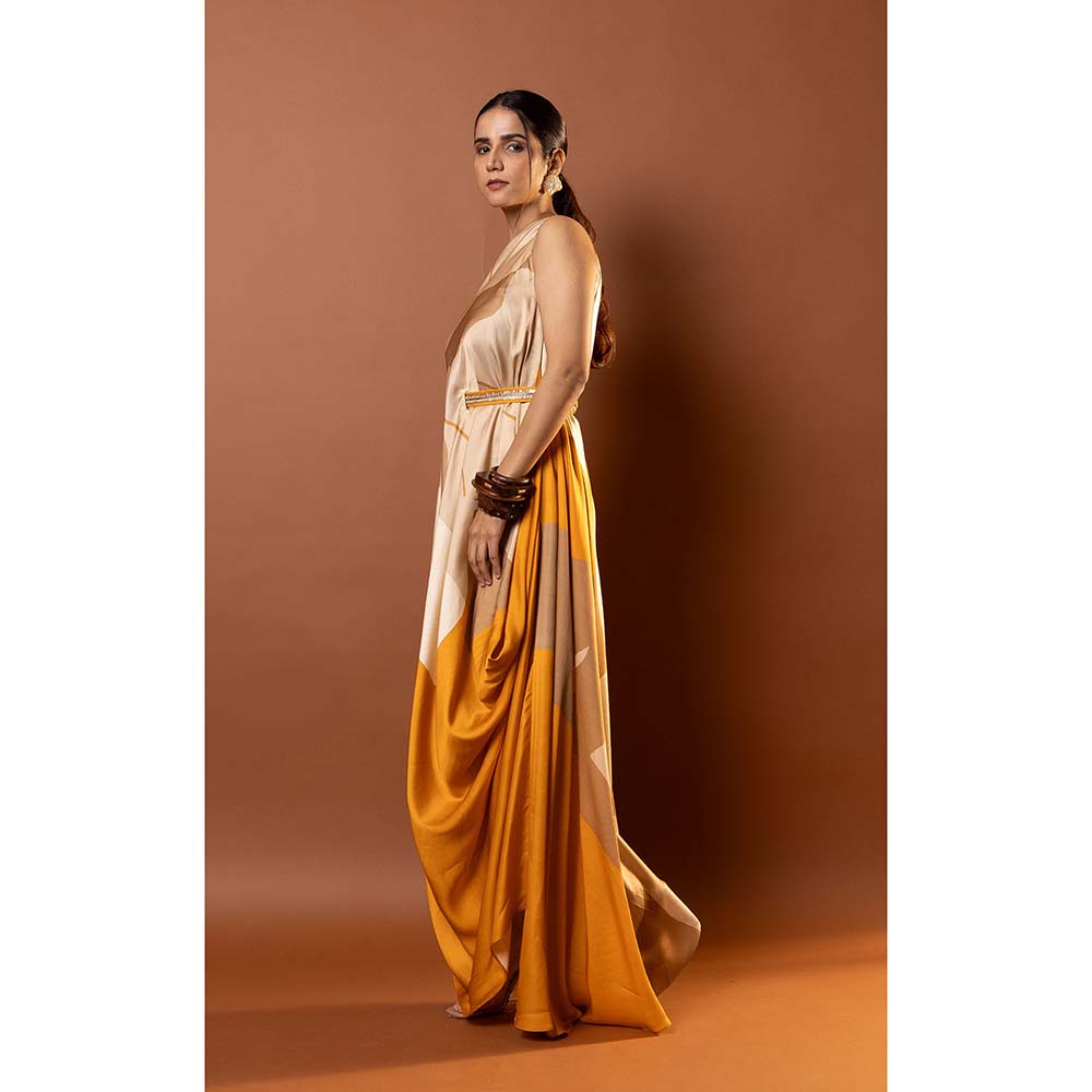 Vedika M Yellow Printed Drape Dress with Attached Belt