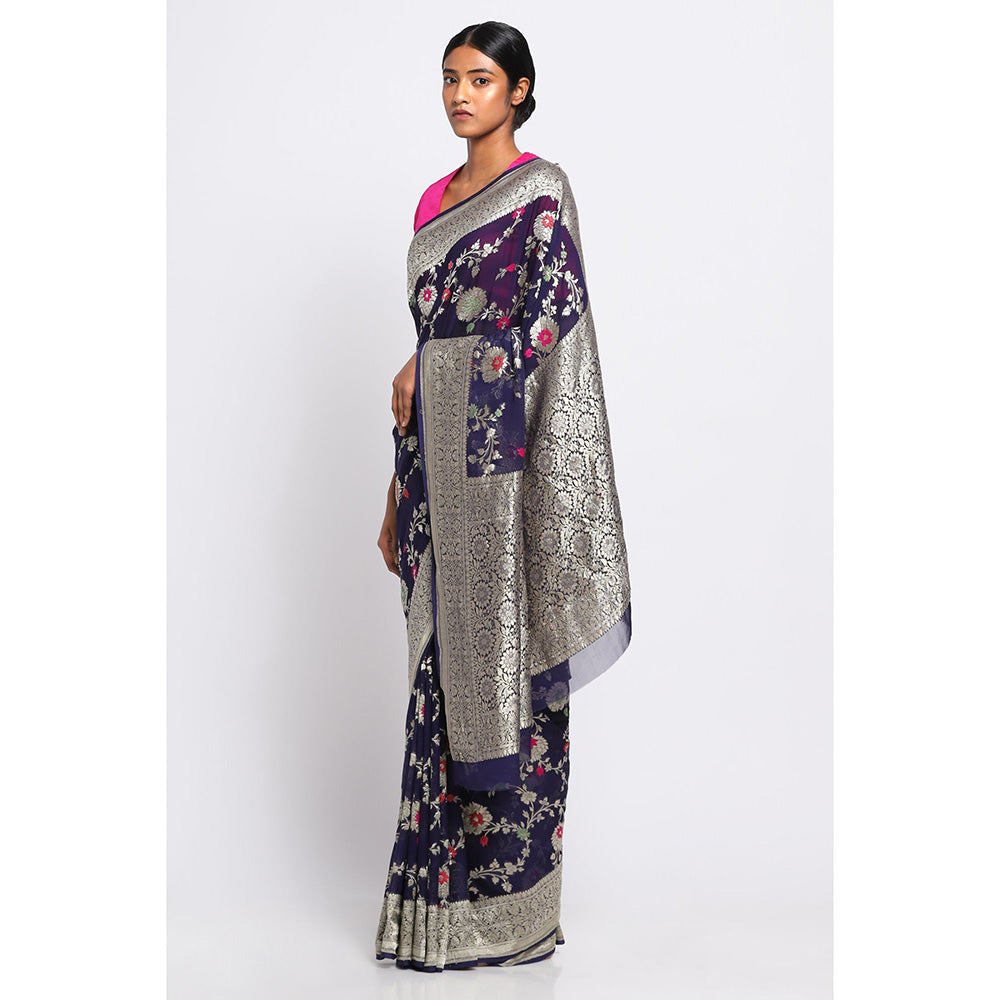 Via East Navy Blue Georgette Banarasi Meena Saree with Unstitched Blouse