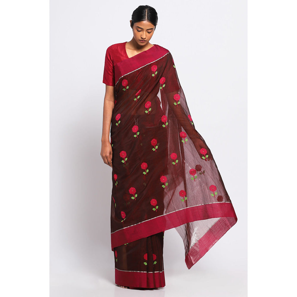 Via East Maroon Silk Chanderi Aarika Saree with Unstitched Blouse