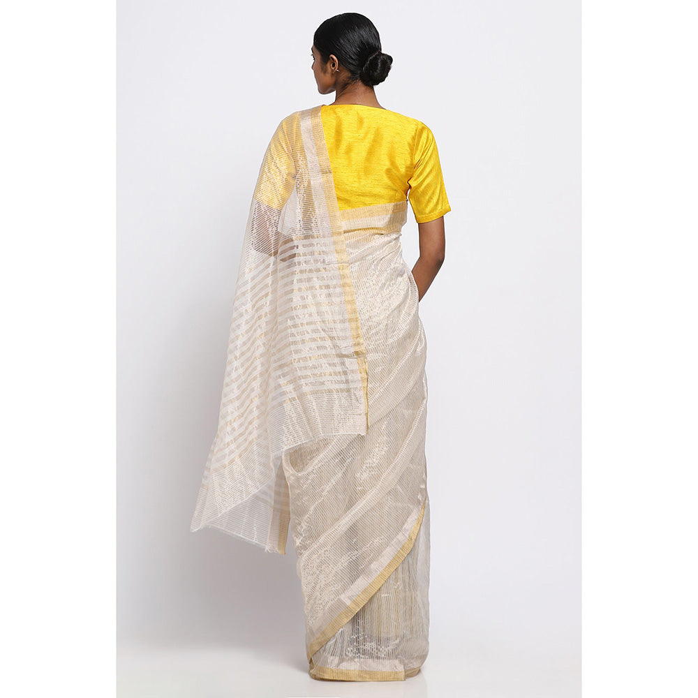 Via East Gold And Silver Striped Silk Chanderi Saree with Unstitched Blouse