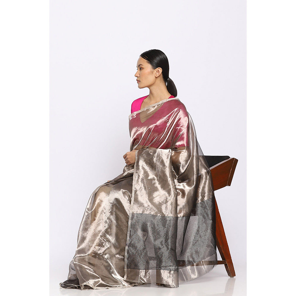 Via East Metallic Silver Saree with Unstitched Blouse