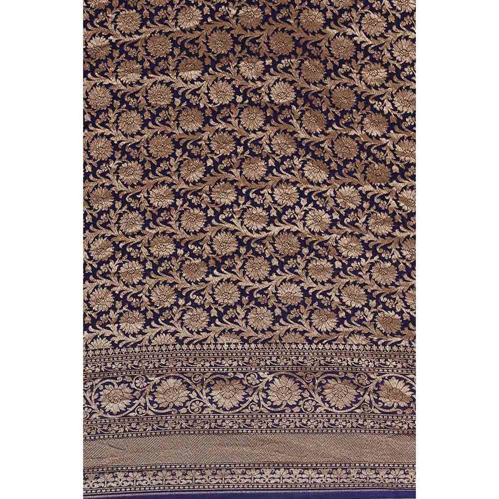 Via East Deep Blue Crepe Banarasi Saree with Unstitched Blouse