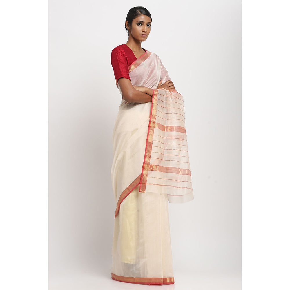 Via East White and Red Silk Cotton Traditional Saree With Unstitched Blouse