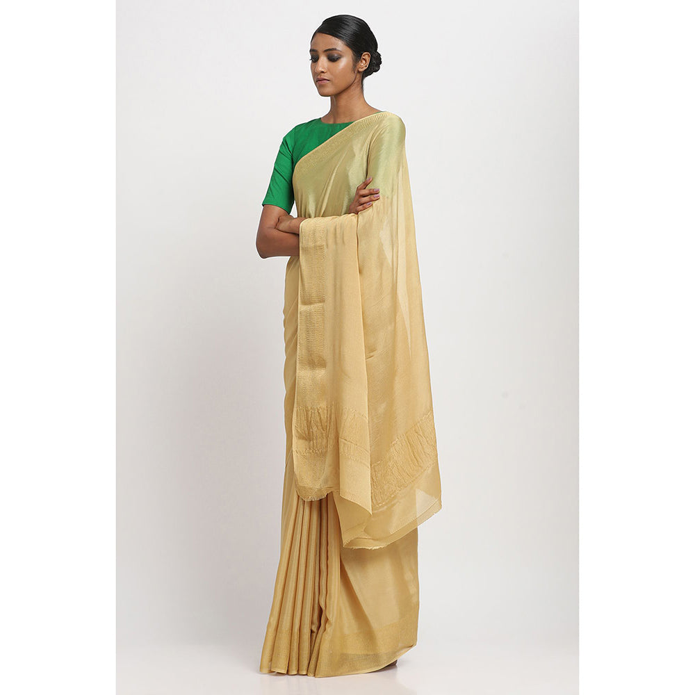 Via East Gold Wrinkled Crepe Saree With Unstitched Blouse