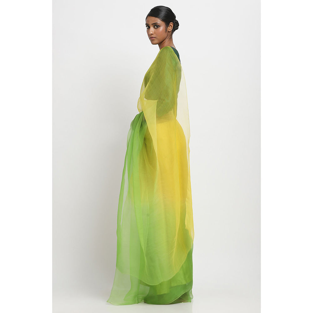 Via East Yellow and Green Ombre Organza Saree