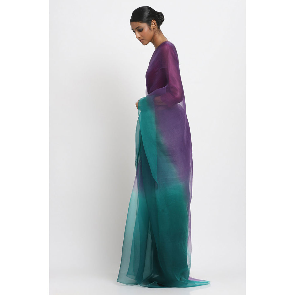 Via East Purple and Green Ombre Organza Saree