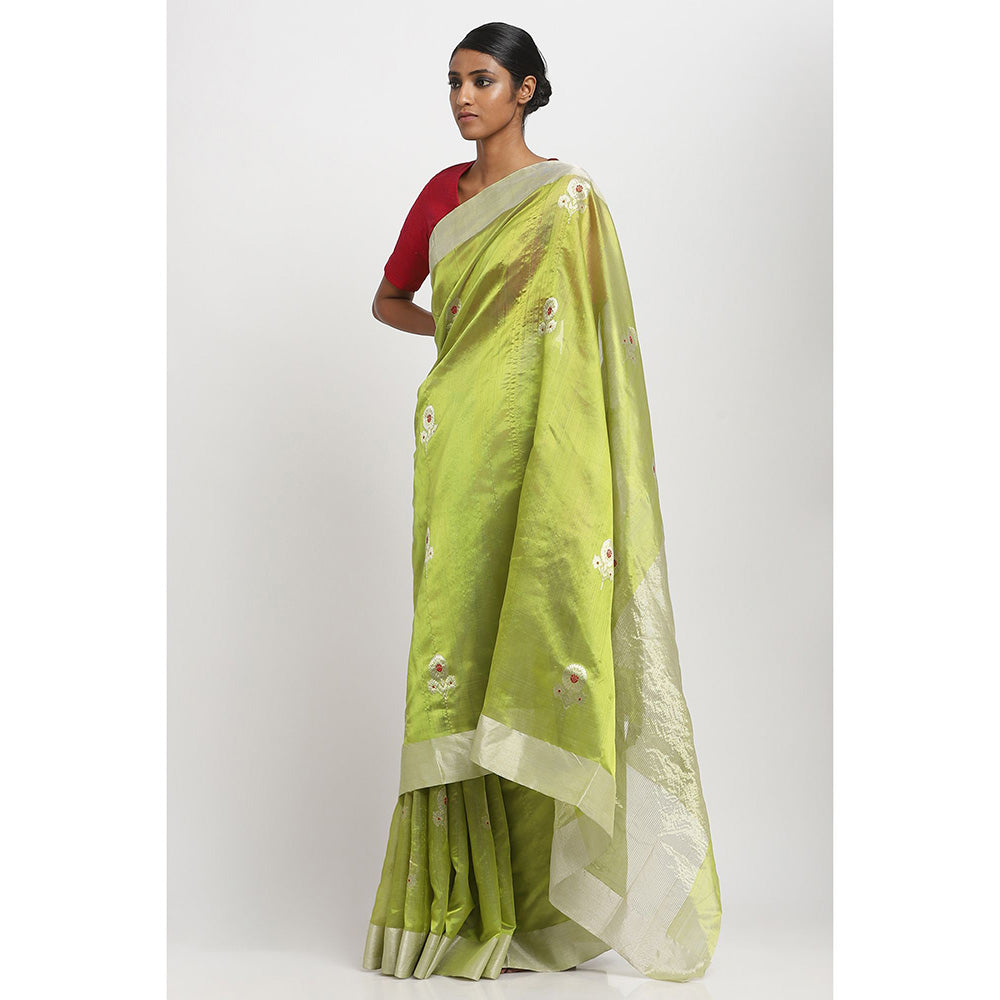 Via East Leaf Green Silk Chanderi Saree With Unstitched Blouse