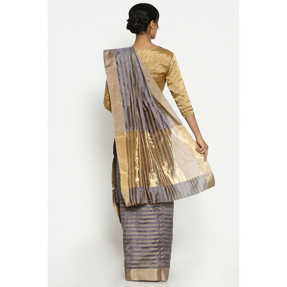 Via East Grey-Gold Striped Chanderi Saree with Unstitched Blouse