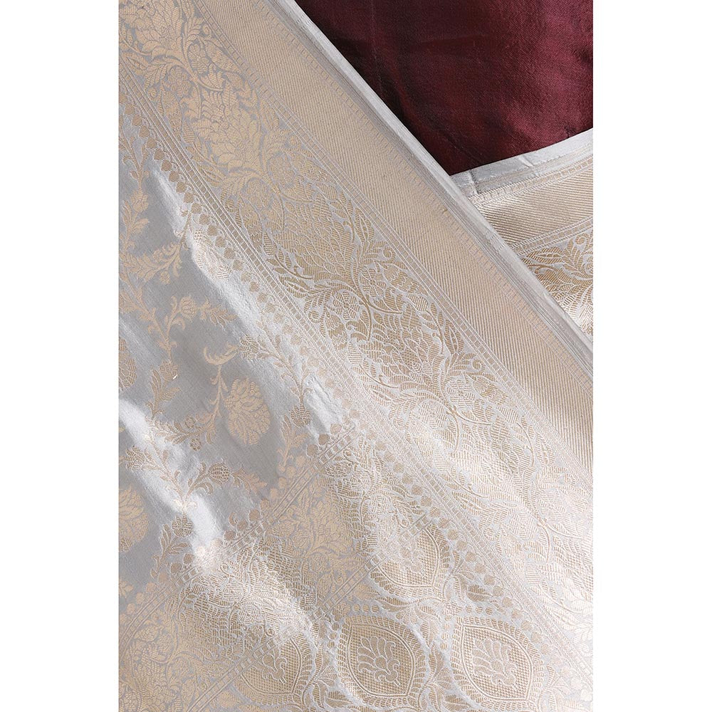 Via East Grey Silk Banarasi Saree with Unstitched Blouse