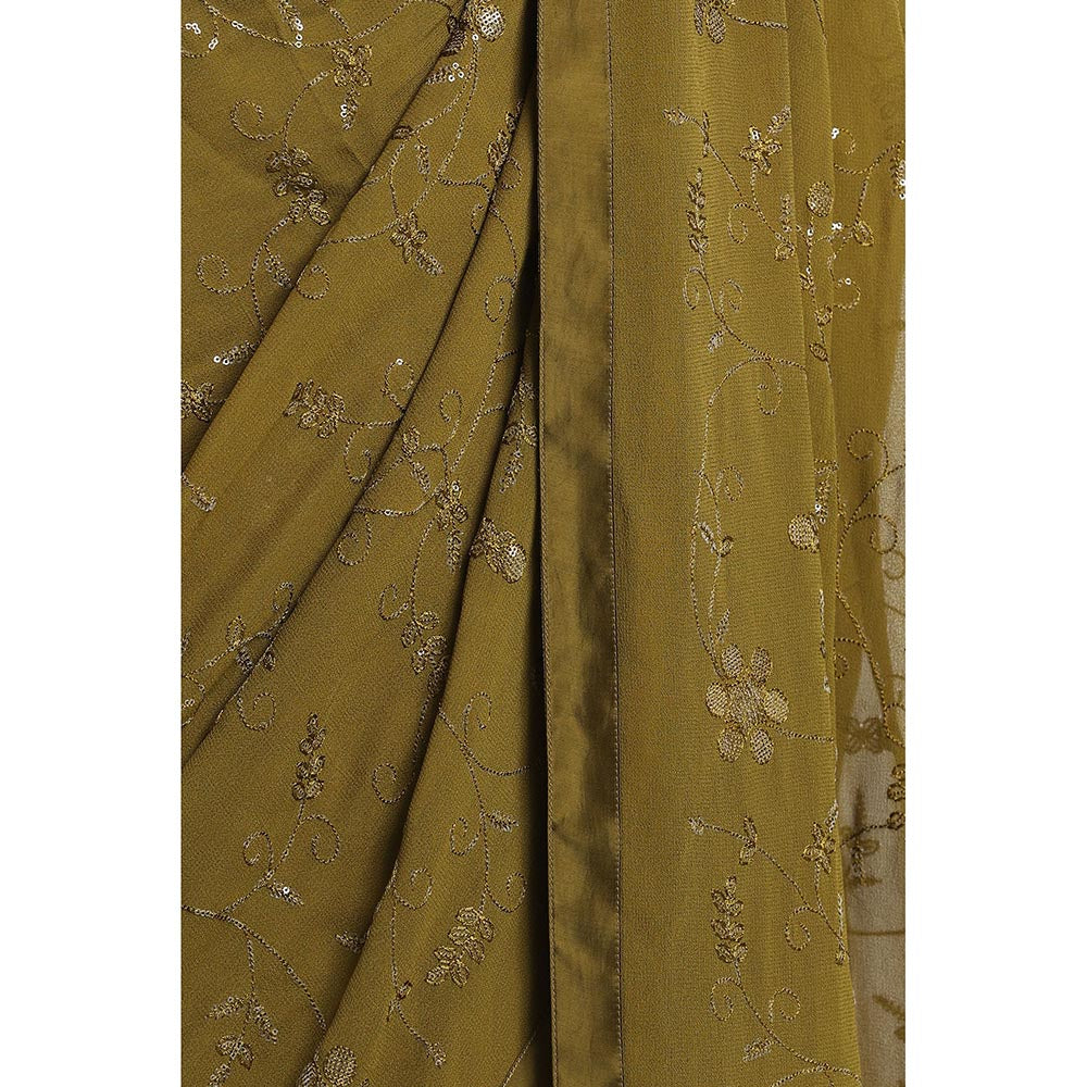 Via East Olive Green Georgette Embroidered Sequins Saree