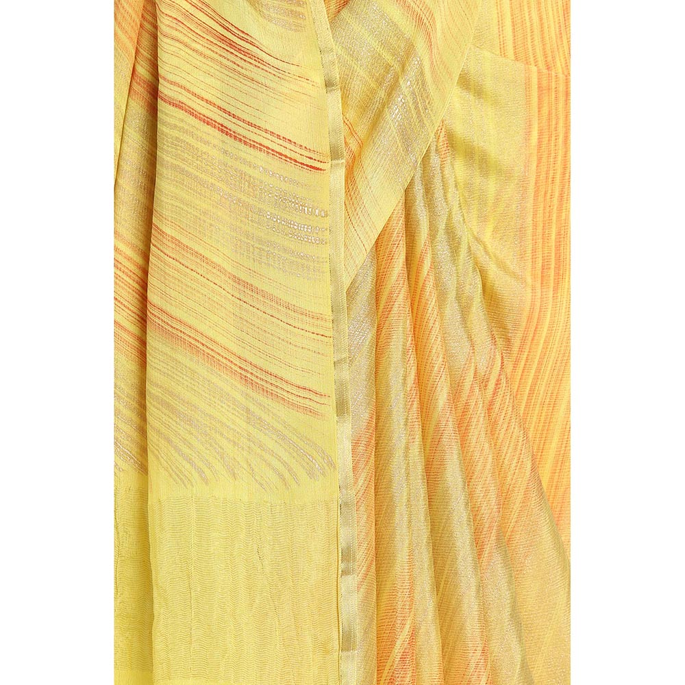Via East Yellow Brush Print Crepe Saree with Unstitched Blouse
