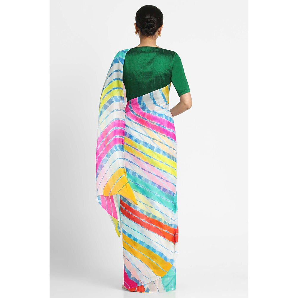 Via East White Basant Chiffon Multi Leheriya Saree with Unstitched Blouse