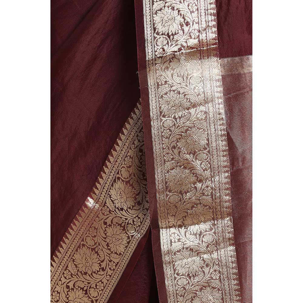Via East Brown Organza Banarasi Saree with Unstitched Blouse