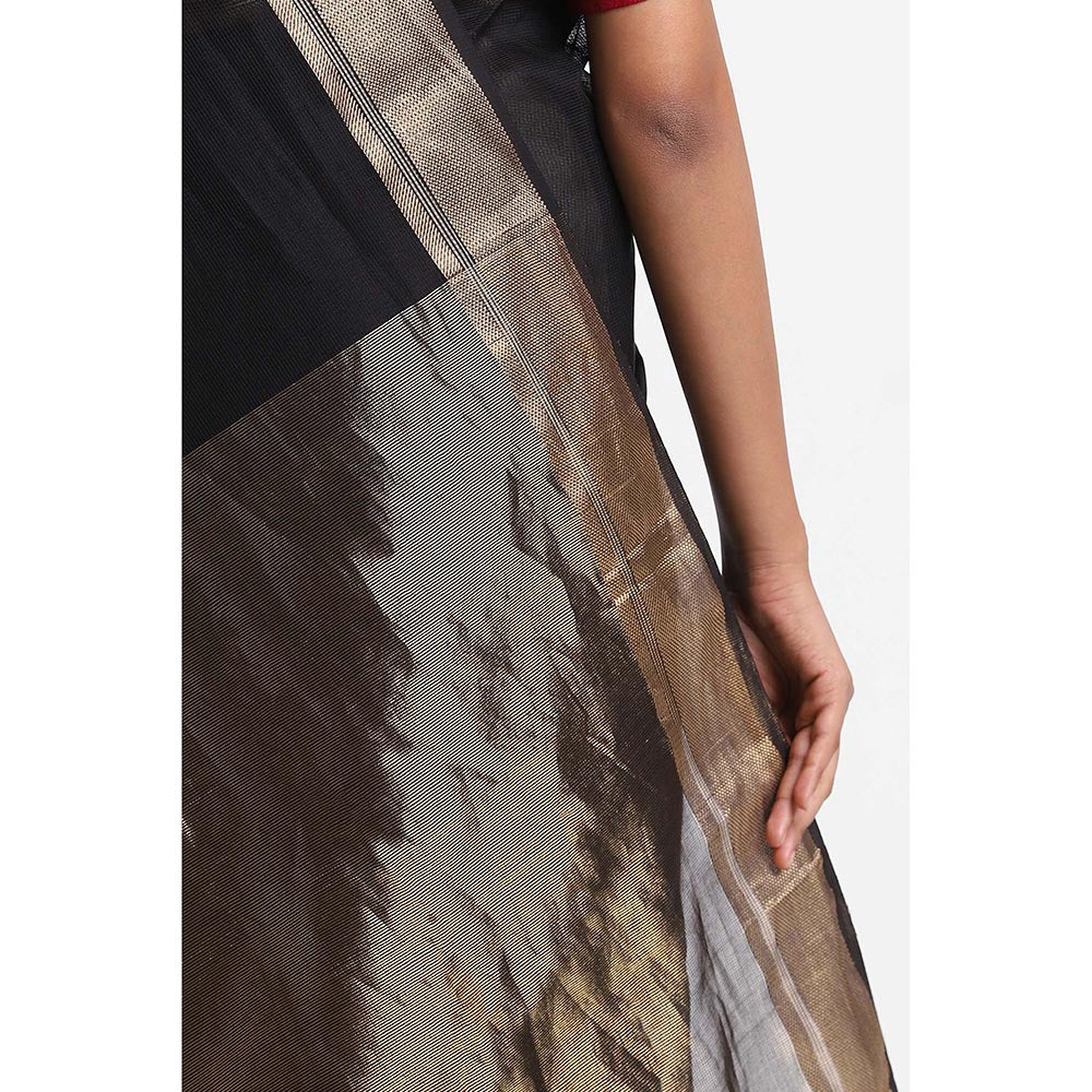 Via East Black Silk Cotton Maheshwari Saree with Unstitched Blouse