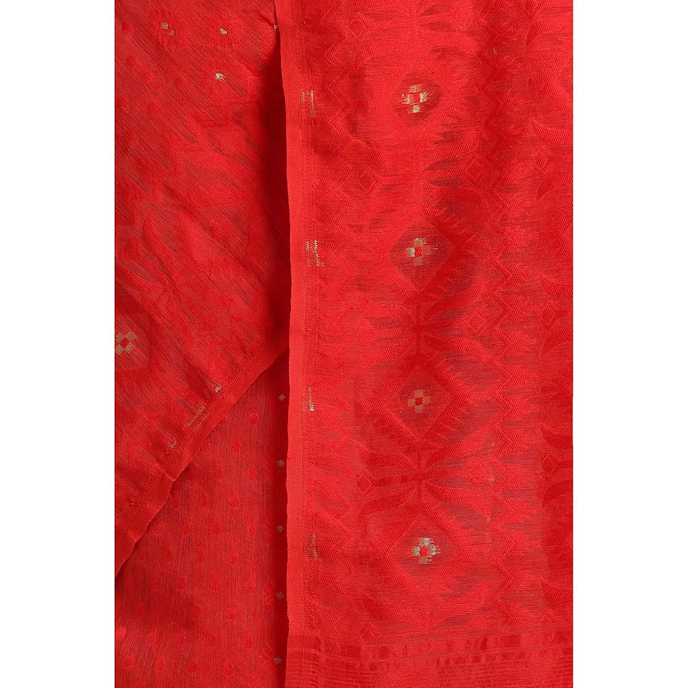 Via East Red Cotton Jamdani Saree with Unstitched Blouse