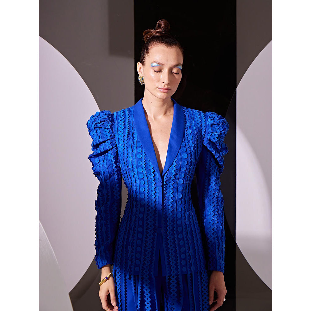 Vidhi Wadhwani Blue Maxim All Over Applique Jacket with Wide Pant (Set of 2)