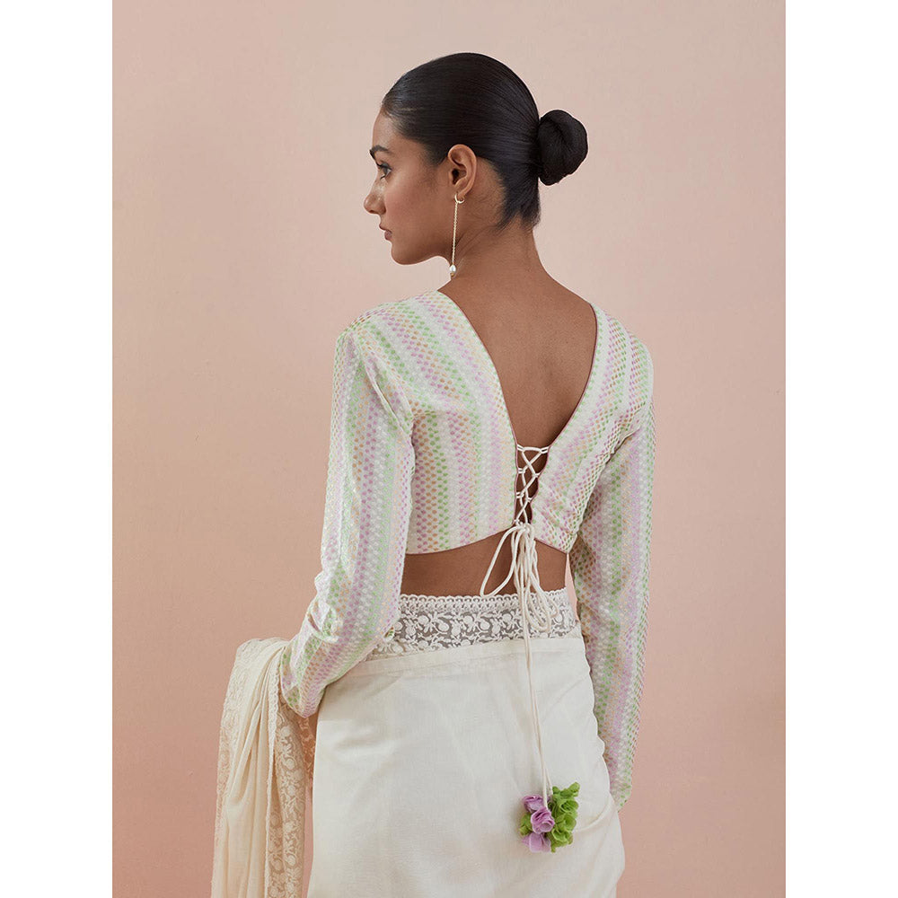 Vinusto White Chanderi Textured Cotton Saree with Stitched Blouse