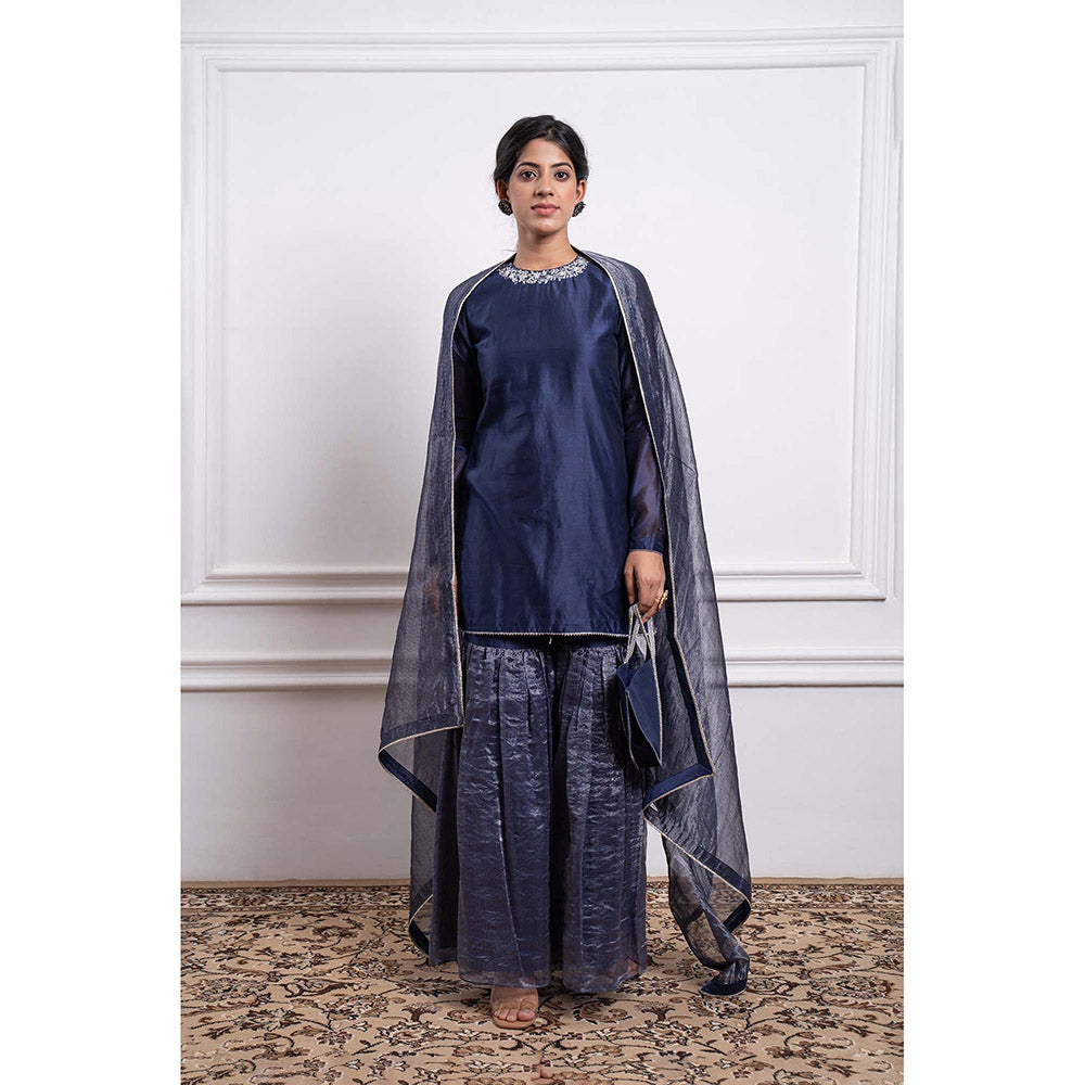 Vinusto Embroidered Zari Striped Chanderi Sharara with Kurta and Dupatta (Set of 3)