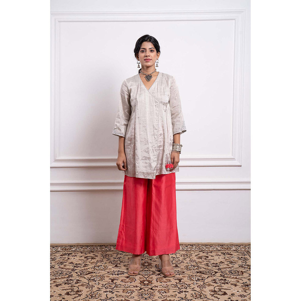 Vinusto Chanderi Embroidered Zari Wrap Kurti with Palazzo and Dupatta (Set of 3)