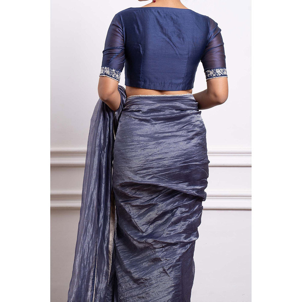 Vinusto Chanderi Striped Pearl Lace Details Saree and Stitched Blouse