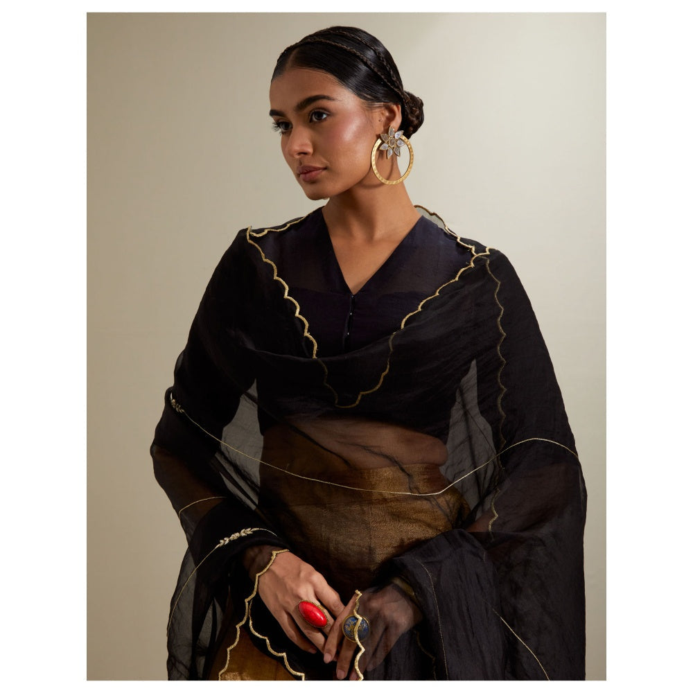 Vinusto Black and Gold Blouse with Flared Zari Palazzo and Dupatta