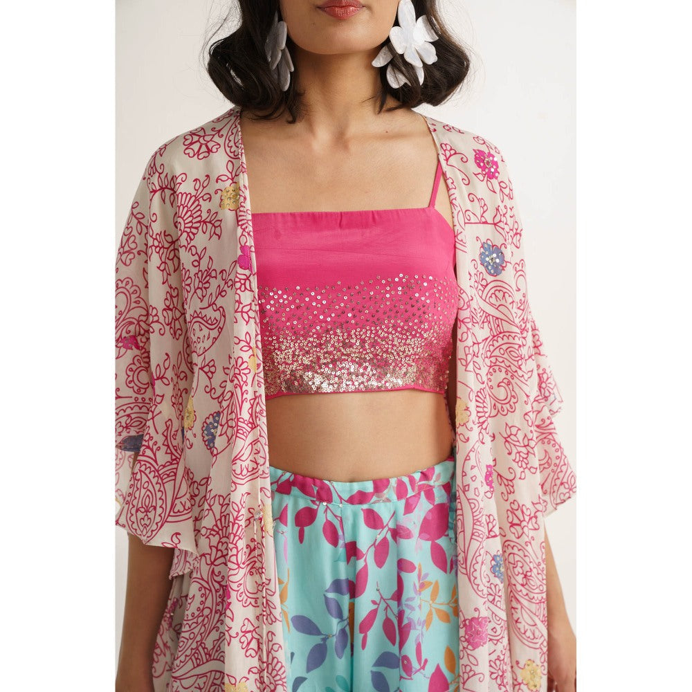 Vishala Shree Pink Carnation Crop Top with Pant and Cape (Set of 3)